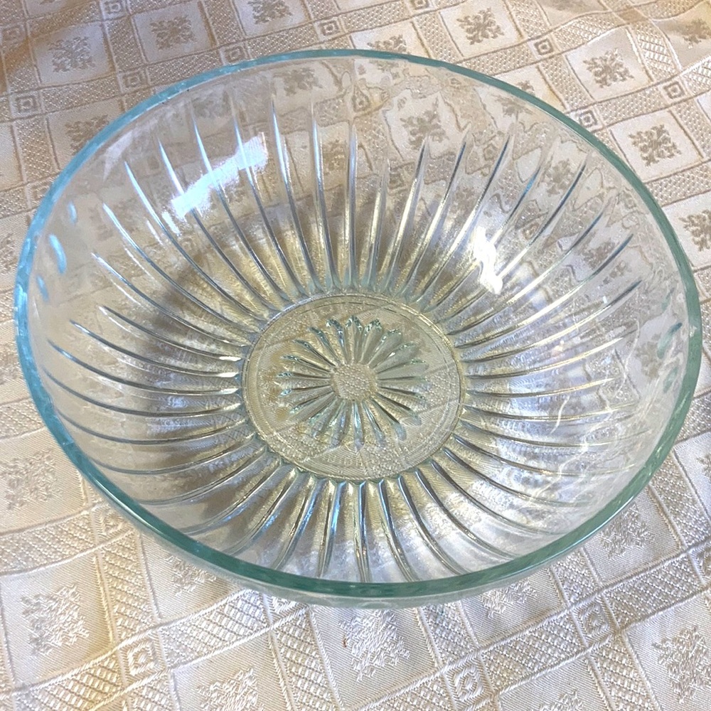 Vintage EO Brody Co. C933 Ribbed Clear Glass Bowl with a flower in the center